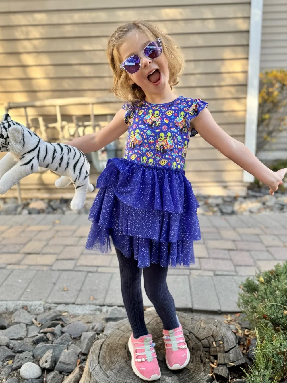 Posh Peanut Lisa Frank Zoomer & Zorbit Ruffled Cap Sleeve Tulle Dress